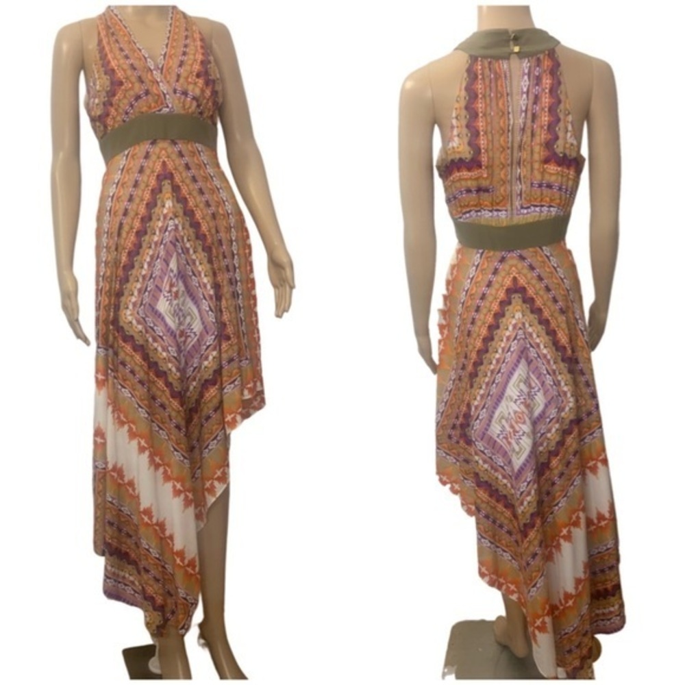 Antonia Melani Sleeveless Bohemian Orange Green Asymmetrical Hem Maxi Dress